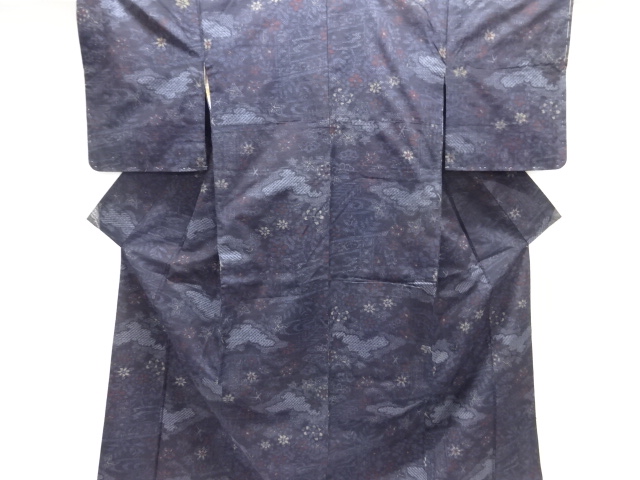 JAPANESE KIMONO / ANTIQUE KIMONO / SILK / TSUMUGI / WOVEN FLORAL PLANTS